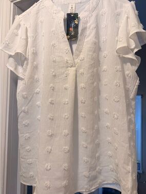 Blooming Jelly: White Textured Dot Flutter Sleeve Blouse